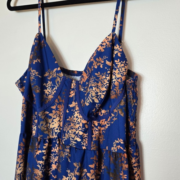 Blue Rose Gold Floral Foil Maxi Dress Bustier Smocked 0XL Plus Size SHEIN Curve - Picture 2 of 6